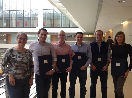 Deputy Dean Stacey Kole with Siebel Scholars (left to right) Alon Shiran, Bradley Powell, Max Cohen, Boone Williams, and Yevgeniya Zhenya Kaliberova.