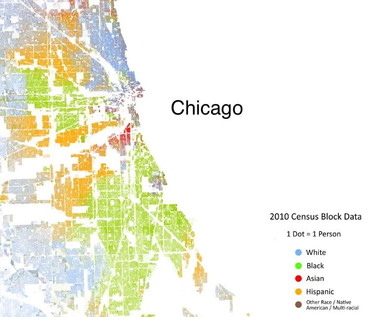 According to Nate Silver, Chicago ranks as #1 most segregated city in America. Dot matrix map courtesy of Dustin Cable.