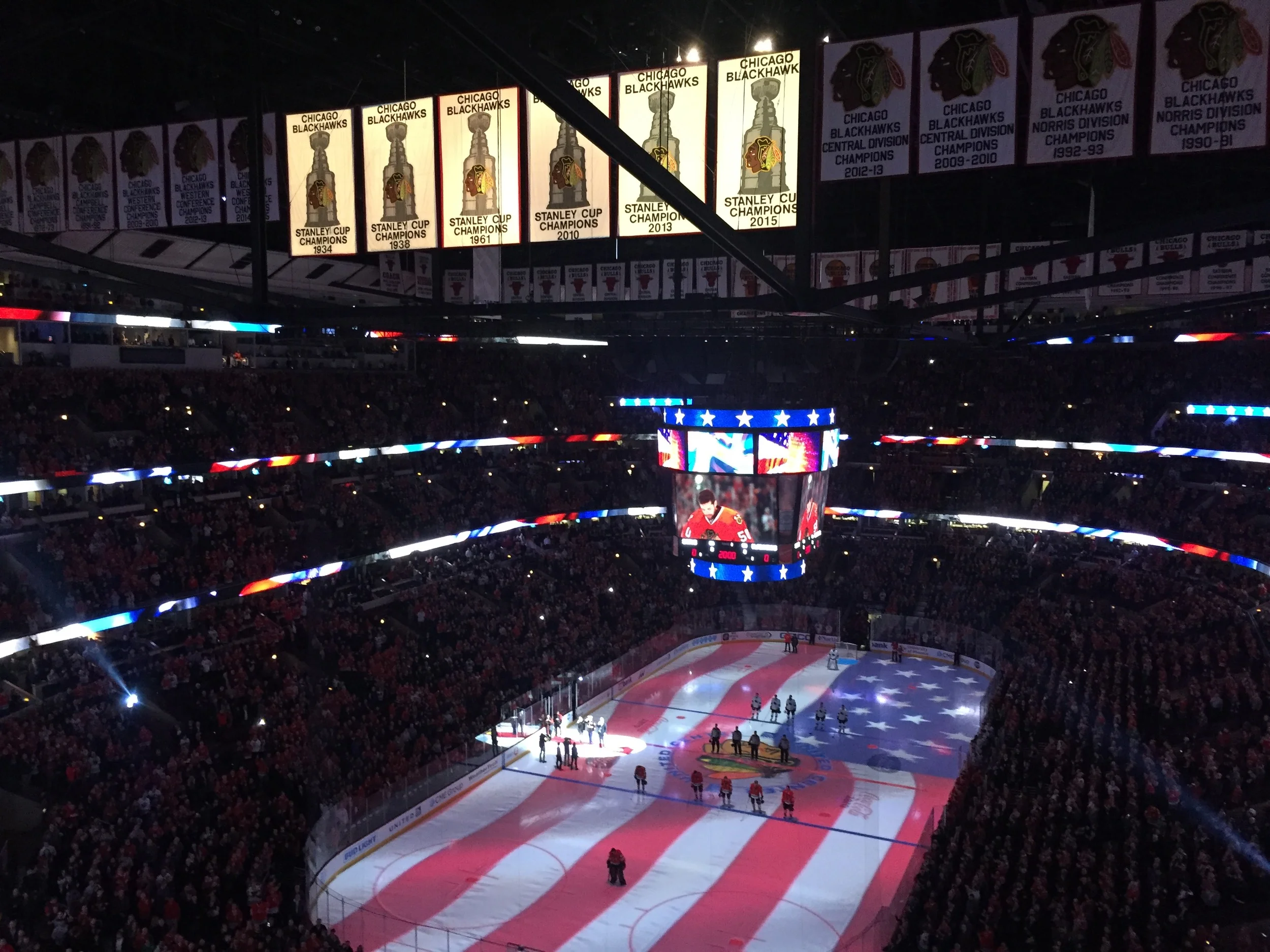 Red, white and blue at a Blackhawks game.