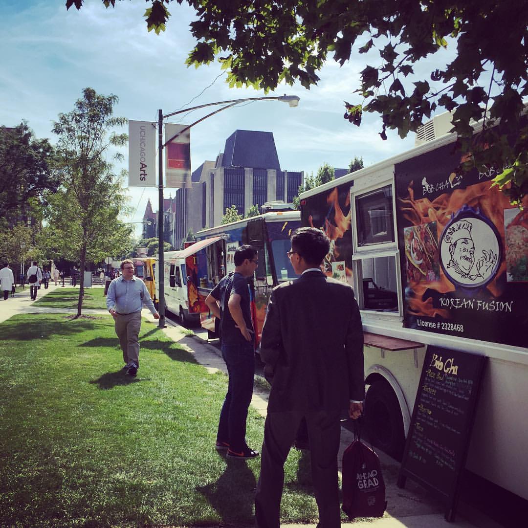 Food trucks prepare for the lunch rush on the University of Chicago campus.