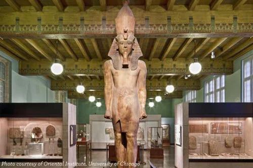 King Tut stands 17-feet above the main exhibit hall at the Oriental Institute.