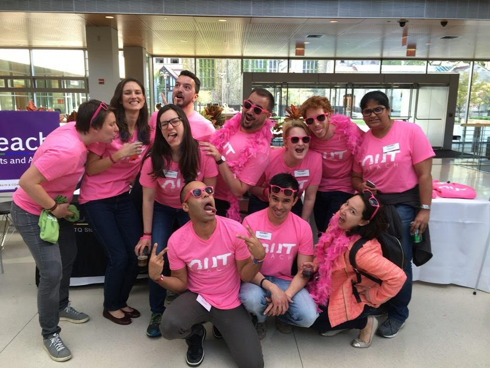 Members of OUTreach, Booth's LGBTQ student group, strike a pose at the Pink LPF. 