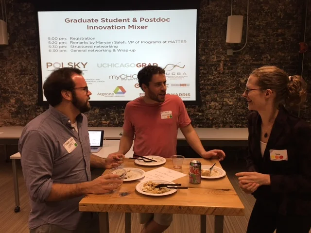 Booth Students Jonathan Coffey 17’ and Kyle Mcandrew 18’ talk synergies and possible collaborations with University of Chicago post-doc Sarah Mcmellon
