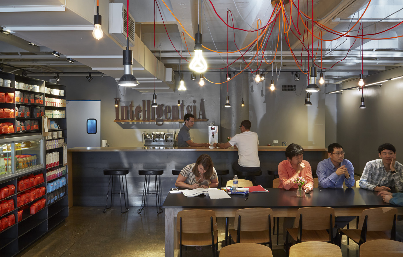 Industrial decor lines the interior of Intelligentsia Coffee Shop, Lake View. Photo Courtesy of Intelligentsia. 