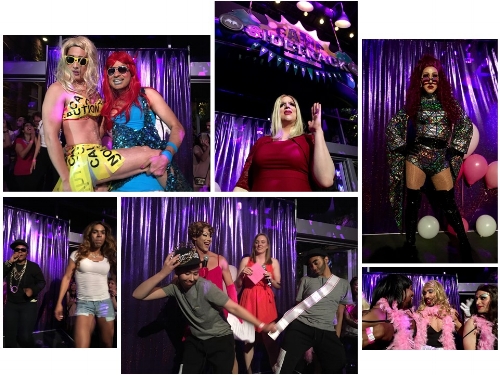 Row 1 (L to R) The LEAD queens pose for the cheering crowd; “Adele” croons for the crowd; Krissy Feetface ready to own the stage. Row 2 (L to R) Tasha Fierce and Hay-Z ready to rock it; Winners of the Pink Party 2017 Crown; Rugby team celebrates a victory on the field, on the stage