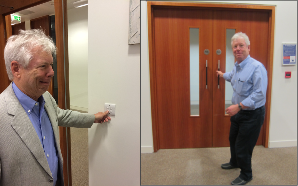Left: Thaler cringes about the fact that lights at the Booth London campus are switched on by counterintuitively pressing down not up. Right: Thaler poses with doors in Booth’s London campus that have pull bars on both sides of the door, causing people to pull on the push side. Thaler was a big advocate of adding signs that note whether to push or pull above the handles, a “real world” application of his mantra, “Make It Easy!” Source: Linnea Gandhi.