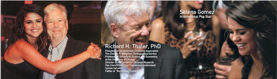 Thaler acted alongside Selena Gomez in the 2015 film “The Big Short.” Thaler tossed out the lines written by director and screenwriter Adam McKay and rewrote them the day before filming. Naturally, they included sports. Sources: original source unknown (left); The Big Short (right)