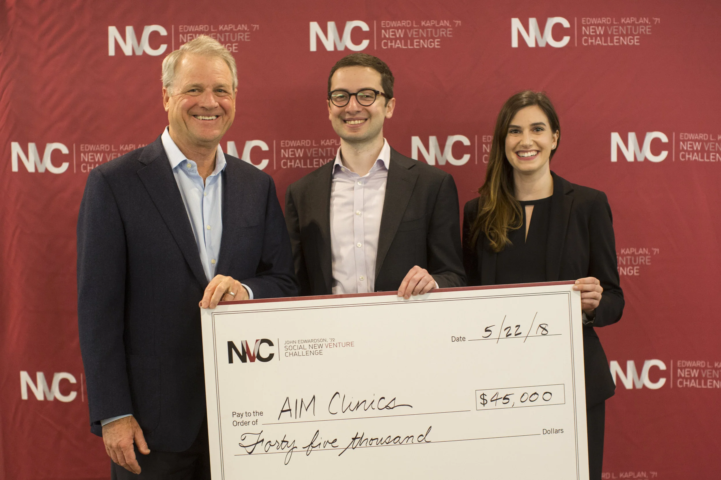 Left to right: John Edwardson, ’72, retired CEO and chairman of CDW and title sponsor of the SNVC, with SNVC winners George Boghos and Frankie Schiller