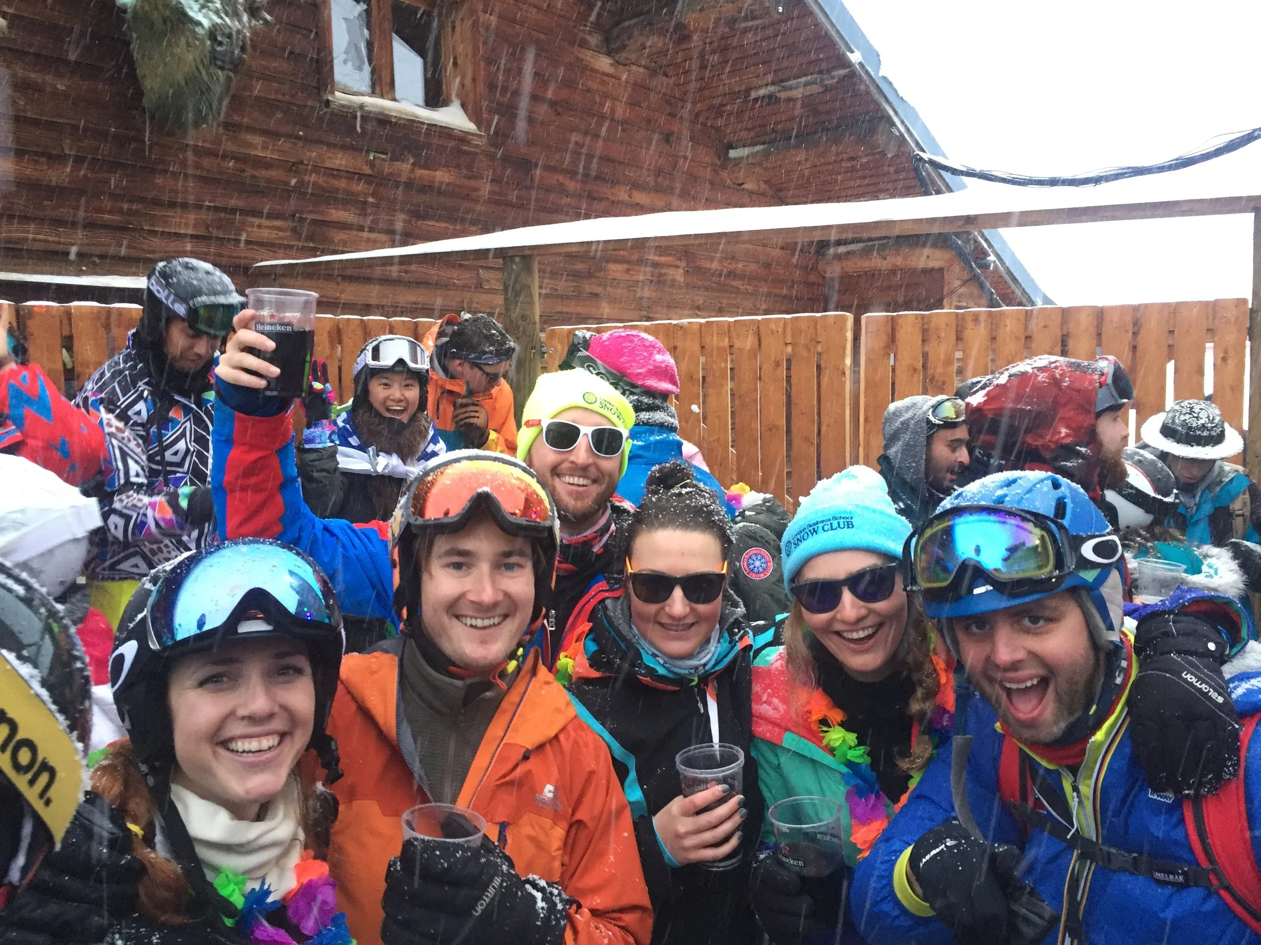 LBS MBAs on a ski trip, at the legendary apres ski 360 Bar in Val Thorens, France. From left to right, Mel Faxon, Adam Johnson, Billy Jones, Alex Devan, Harriet Stibbard and James Boyers.