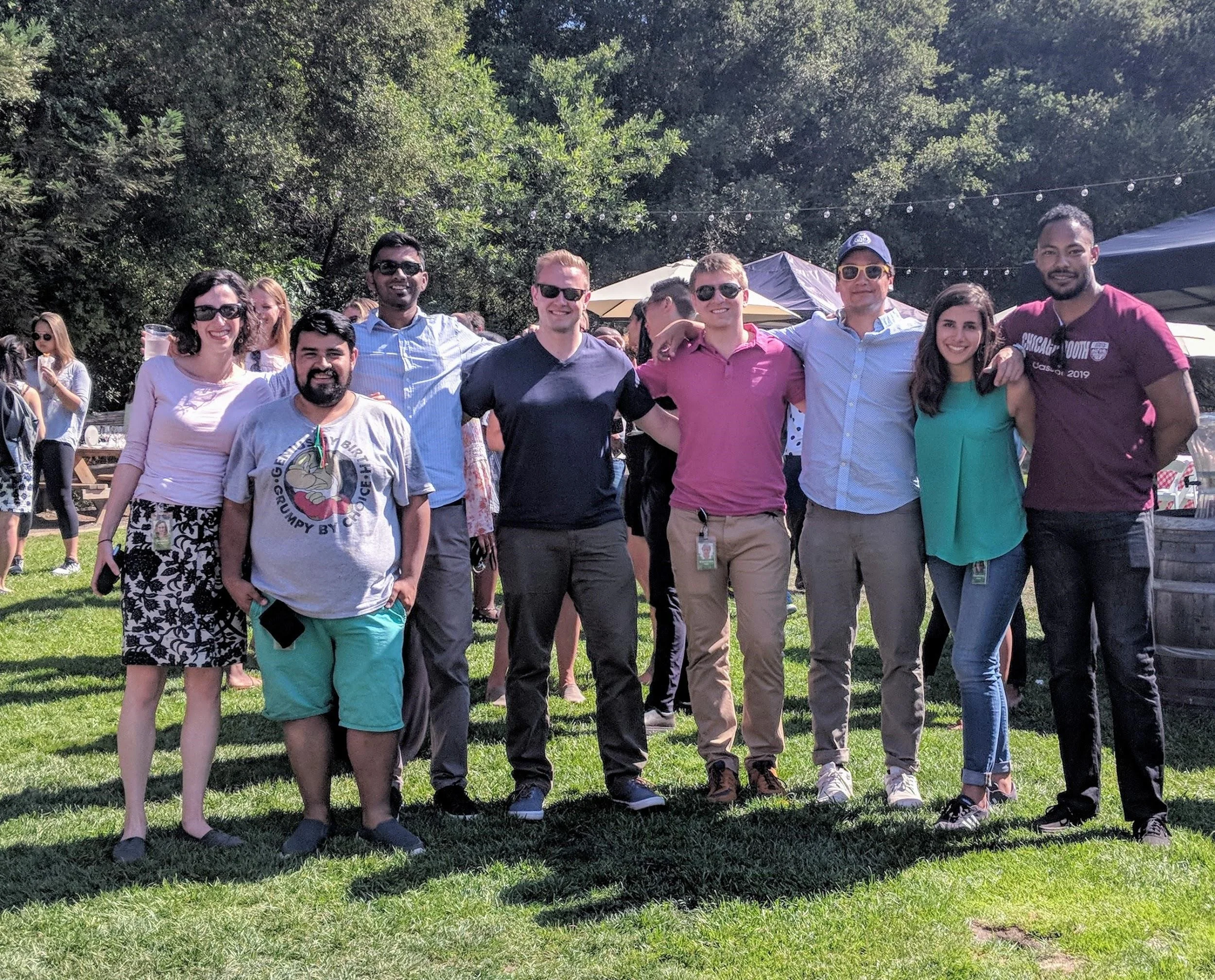 Part of the Booth crew soaks up the sun in a vineyard at a Google intern event