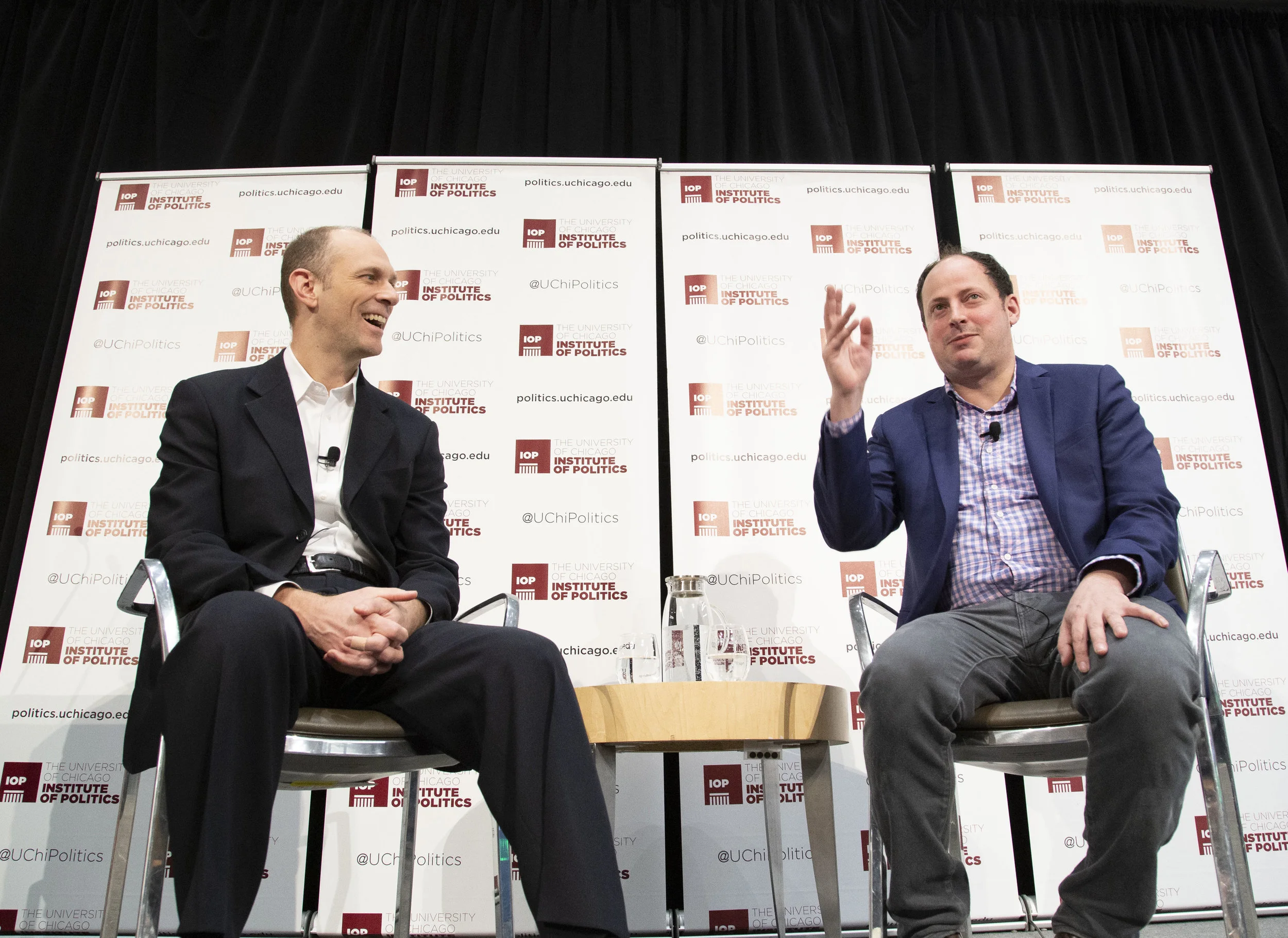 Credit Zane Miller/Institute of Politics. Austan Goolsbee (left) and Nate Silver (AB ‘00) discuss what happened in 2016 and 2018 as a set-up for analyzing the 2020 presidential race