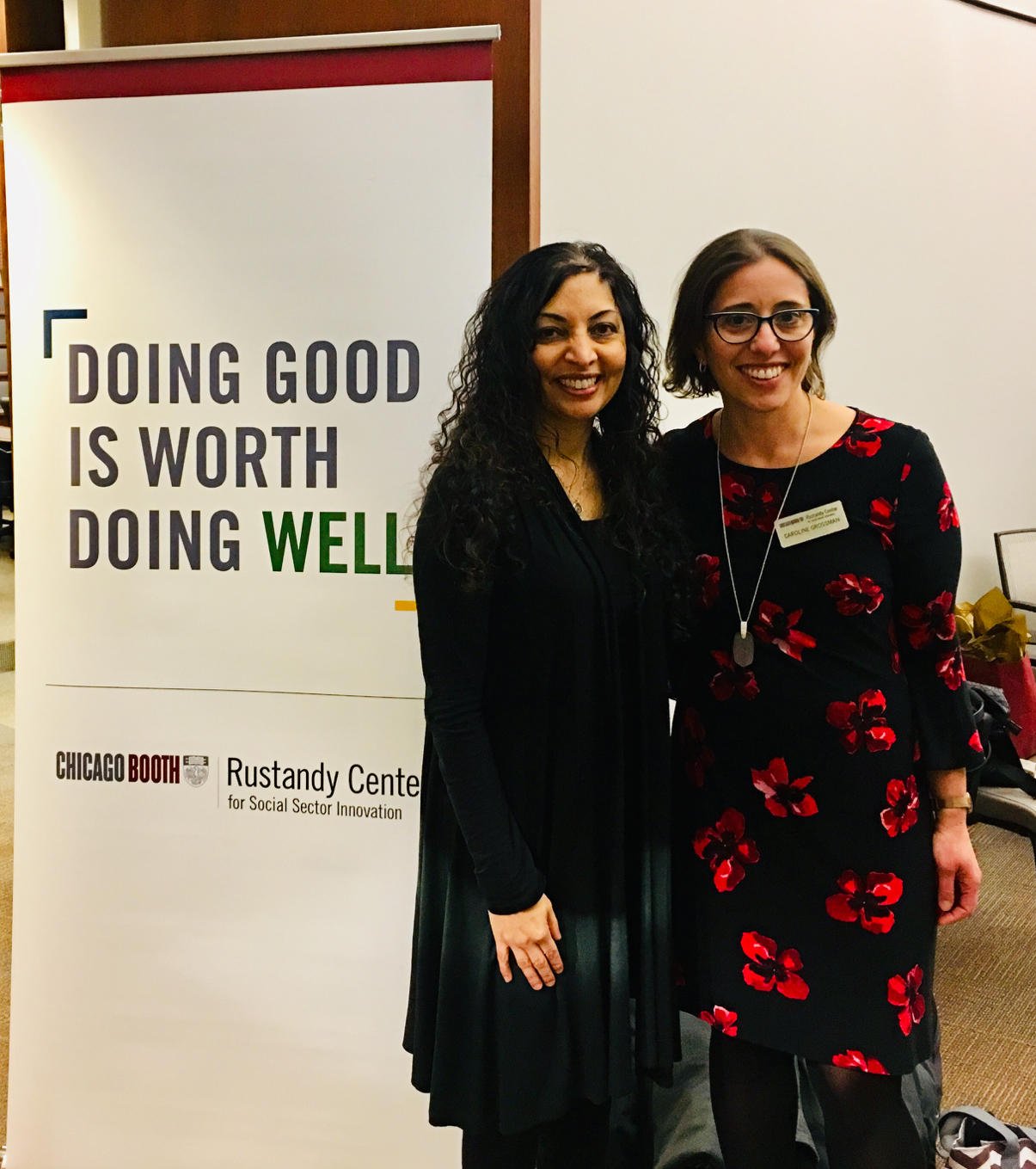 Keynote speaker Monali Shah reunites with Caroline Grossman, faculty at Rustandy Center. After founding Net Impact at Booth, Monali passed the reins on to Caroline