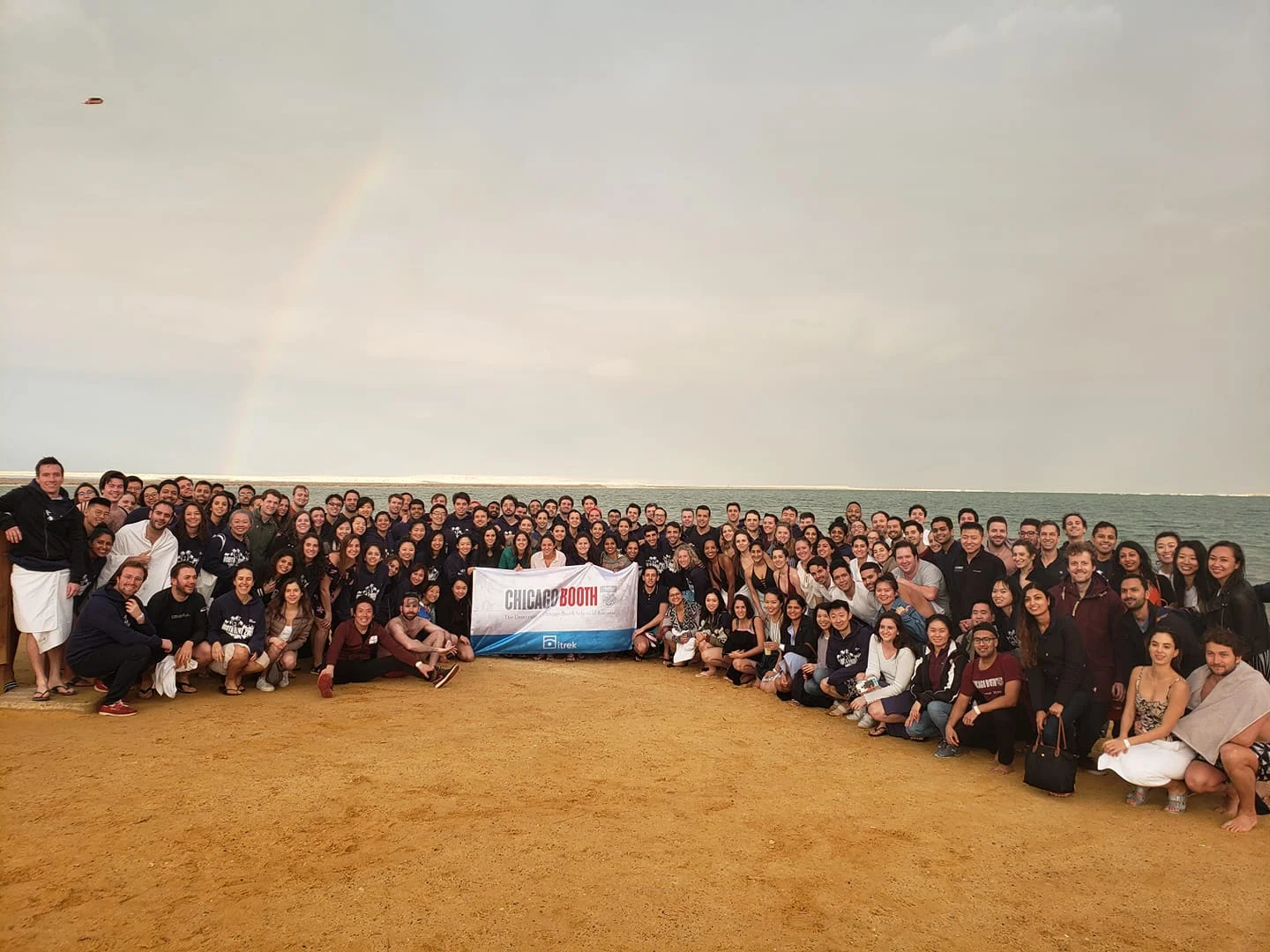 A rainbow completes the perfect Boothright photo in front of the Dead Sea