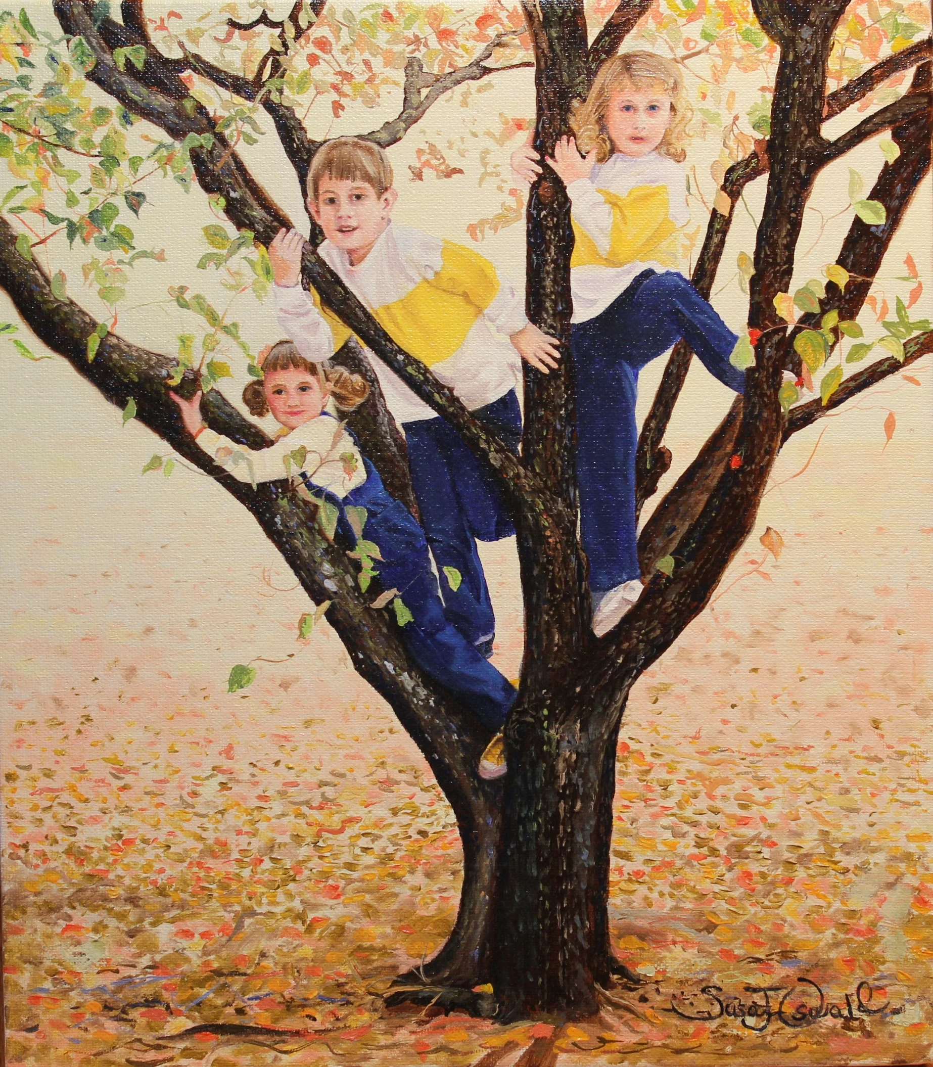 Three Monkeys in a Tree (16x14), Oil on Canvas