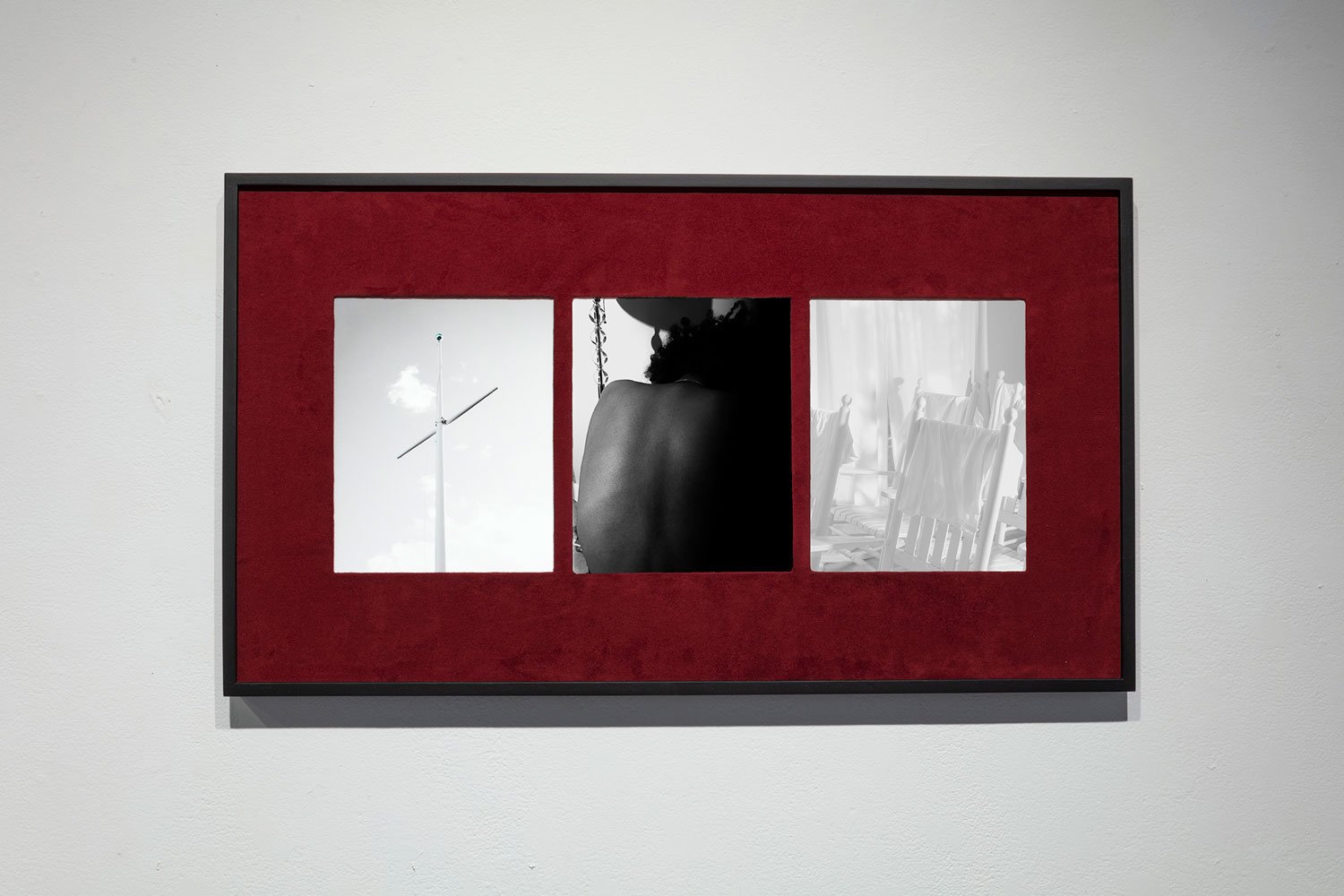   untitled (follow suit),  triptych 2021 10x24 in., 18x32 in. with frame archival pigment prints, burgundy suede 