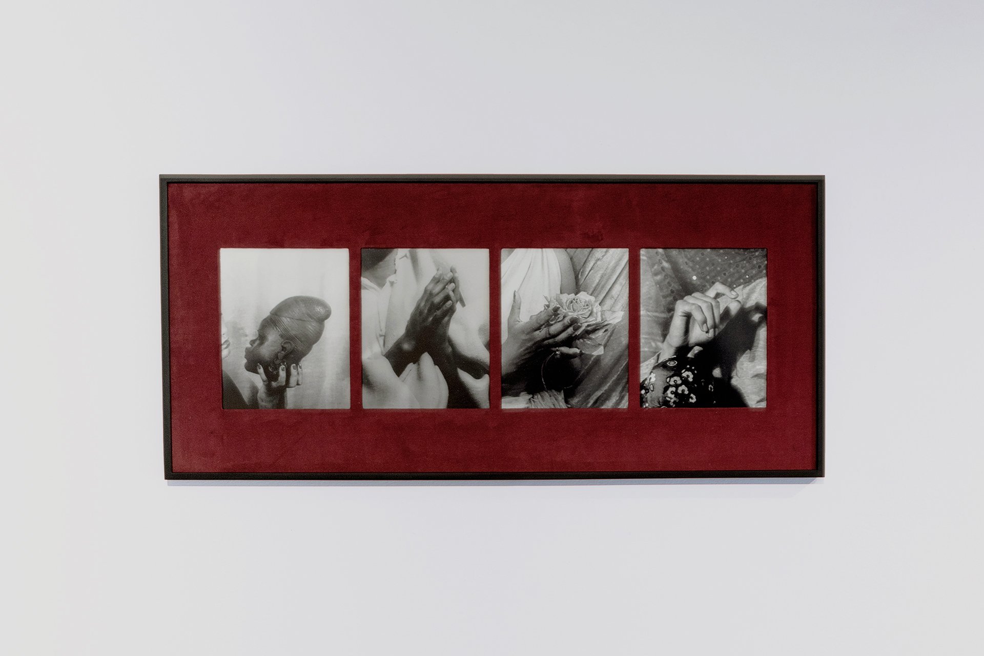   untitled (playing suit), quadriptych  2021  10x32 in., 18x40 in. with frame archival pigment prints, burgundy suede  