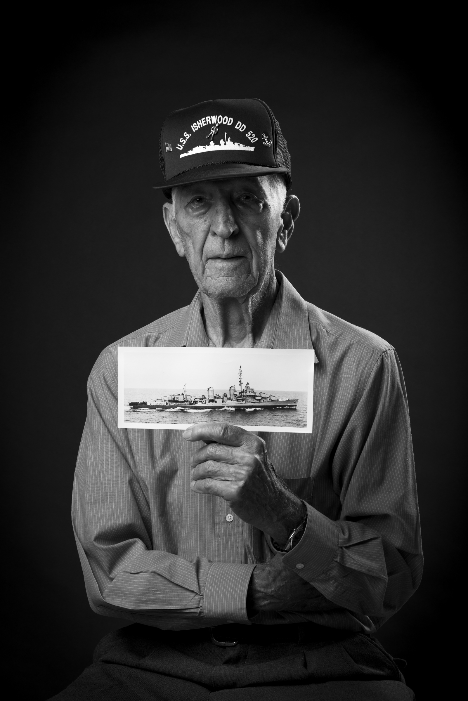 John B. Moniz was an Electrician's Mate 1st Class in the Navy during WWII and served aboard the USS Isherwood DD520 from 1943-1945 both in the Atlantic and Pacific Fleet. He's also a kamikaze survivor. 2013 © Stacy L. Pearsall