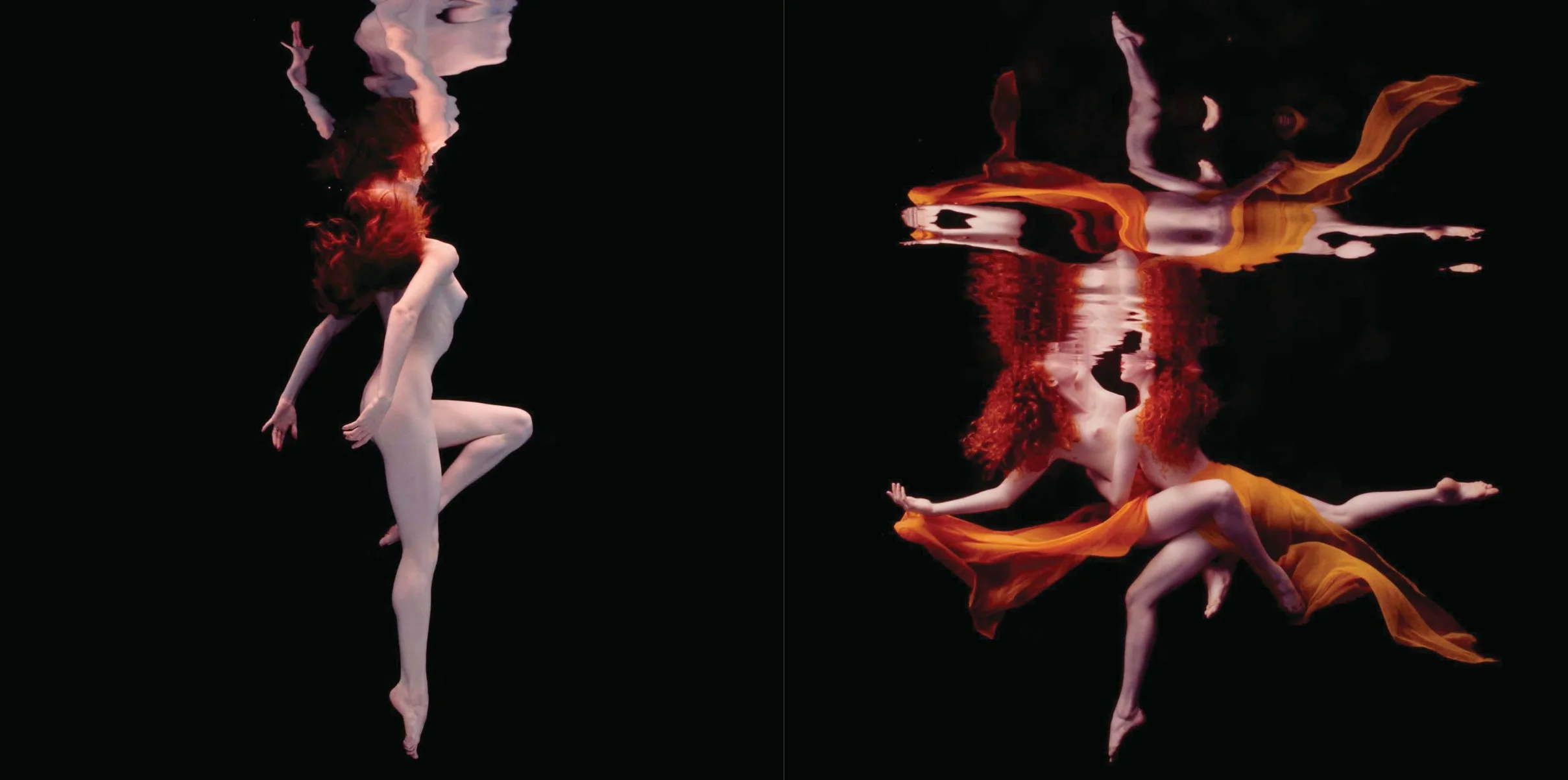 Left: Underwater Study #19, Katia Waldo, photographed in Fairfax, Ca., February 1993 Right: Underwater Study #1605, twins Elizabeth and Jenifer Wymore, photographed in Fairfax, Ca., June 1993 © Howard Schatz and Beverly Ornstein