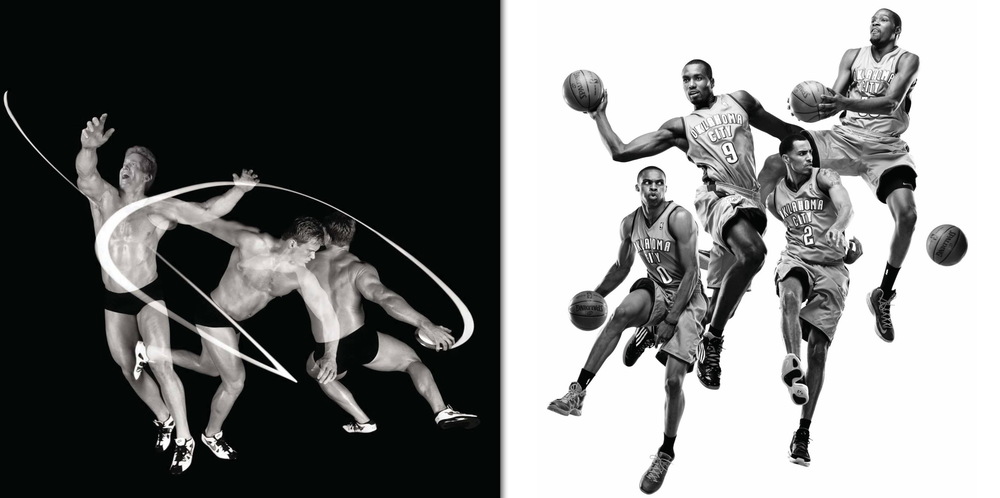  Left: Adam Setliff, US Olympic discus thrower, photographed in Los Angeles, February 2001. This is the path the discus takes before release.&nbsp;Right: Oklahoma Thunder NBA team members: Russell Westbrook, Serge Ibaka, Thabo Sefolosha, Kevin Durant