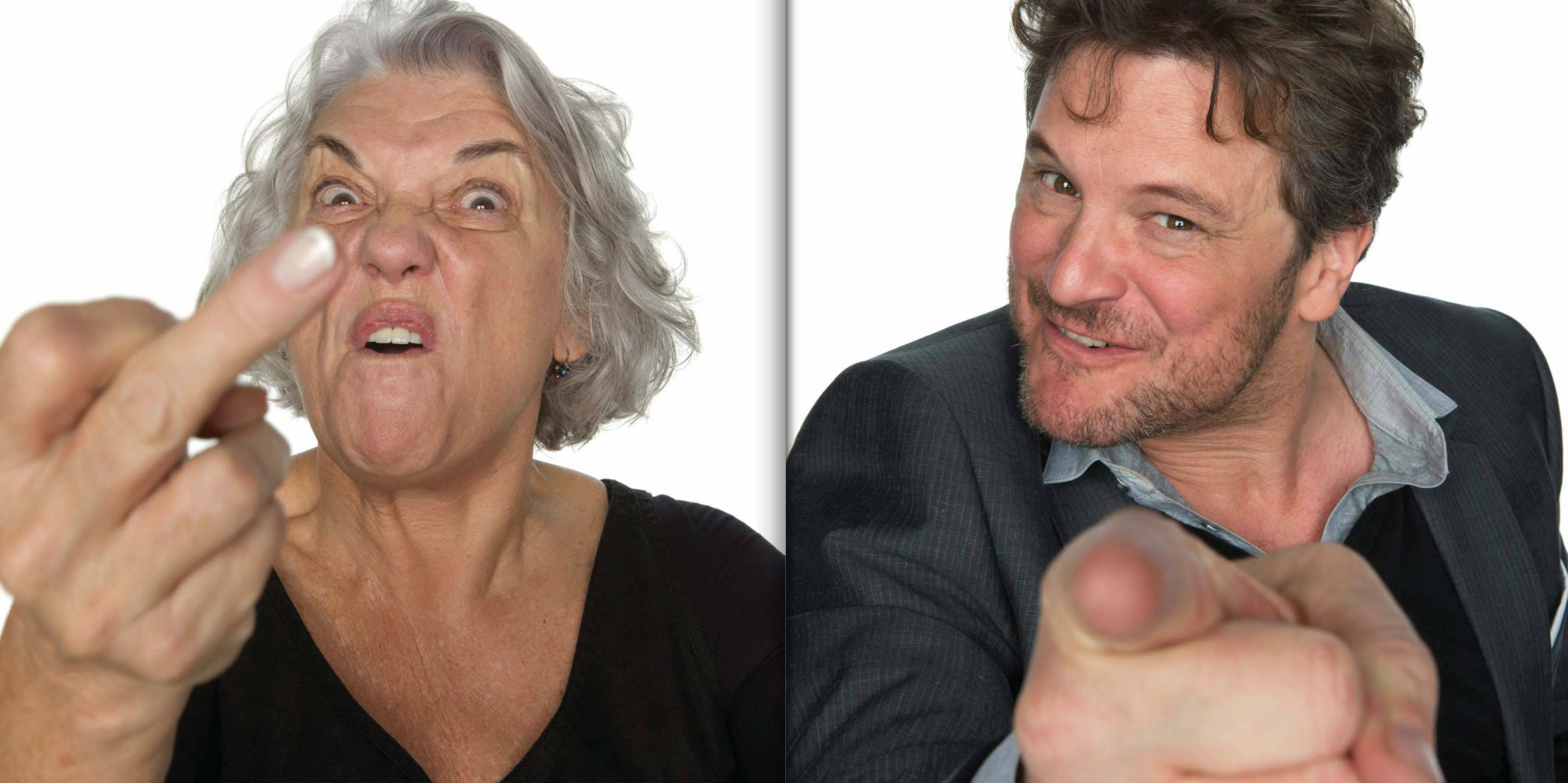 Left: Tyne Daly, photographed in New York City, August 2011. "Youre a stand-up comedienne, completely abandoning any kind of clever response to a heckler." Right: Colin Firth, photographed in New York City, April 2008. "You're a one-night-stand specialist, in a restaurant, bumping into a woman you slept with a couple weeks ago and have mostly forgotten already, trying--and failing--to put a name to the face: Oh, hi...you!" © Howard Schatz and Beverly Ornstein