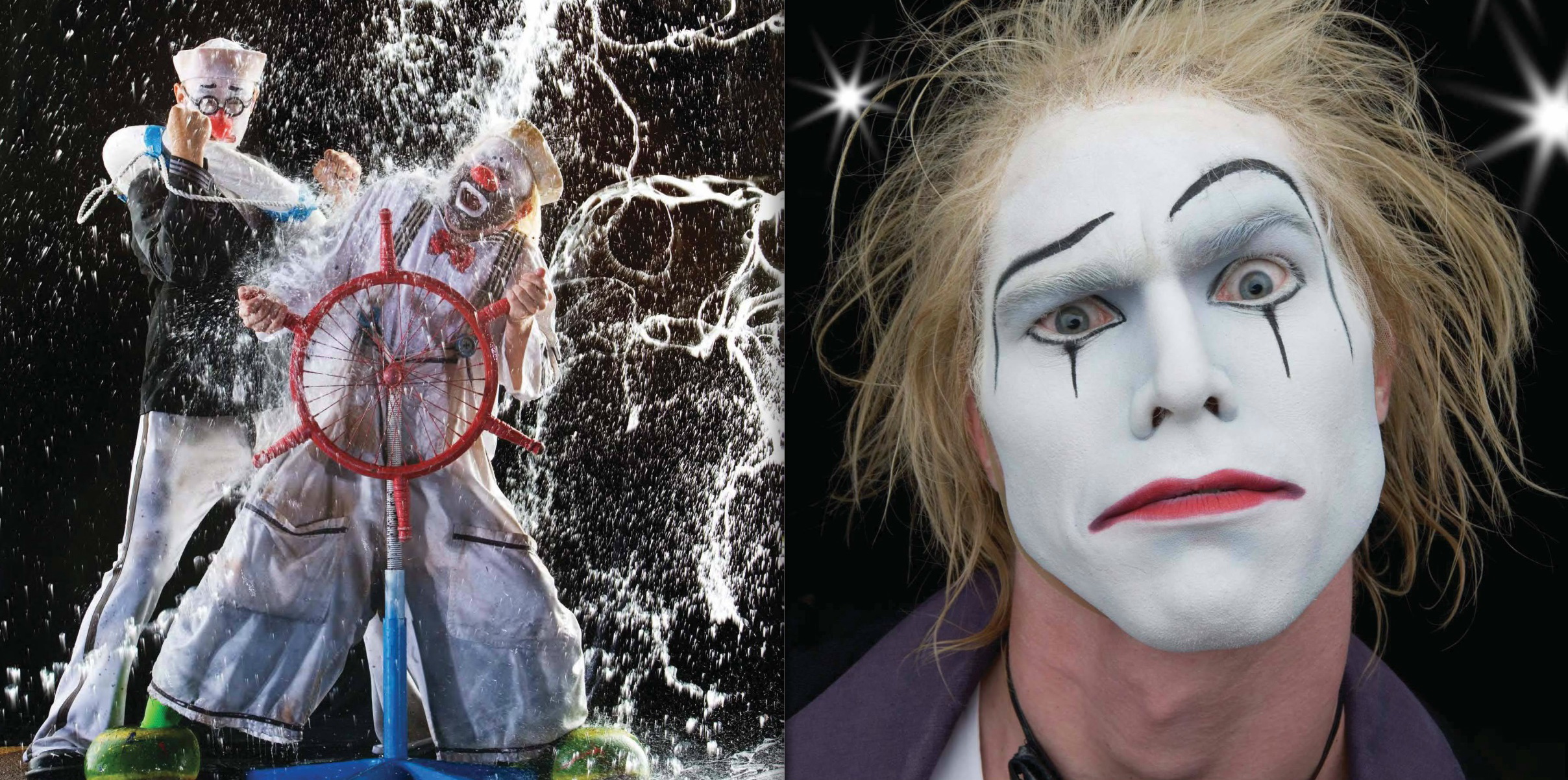 Left: Cirque du Soleil O #93, The Clowns, Leonid Leykin and Valery Keft, photographed in Las Vegas, May 2005. Right: Cirque du Soleil O, #140, Le Vieux, Benedikt Negro, photographed in Las Vegas, May 2005. © Howard Schatz and Beverly Ornstein