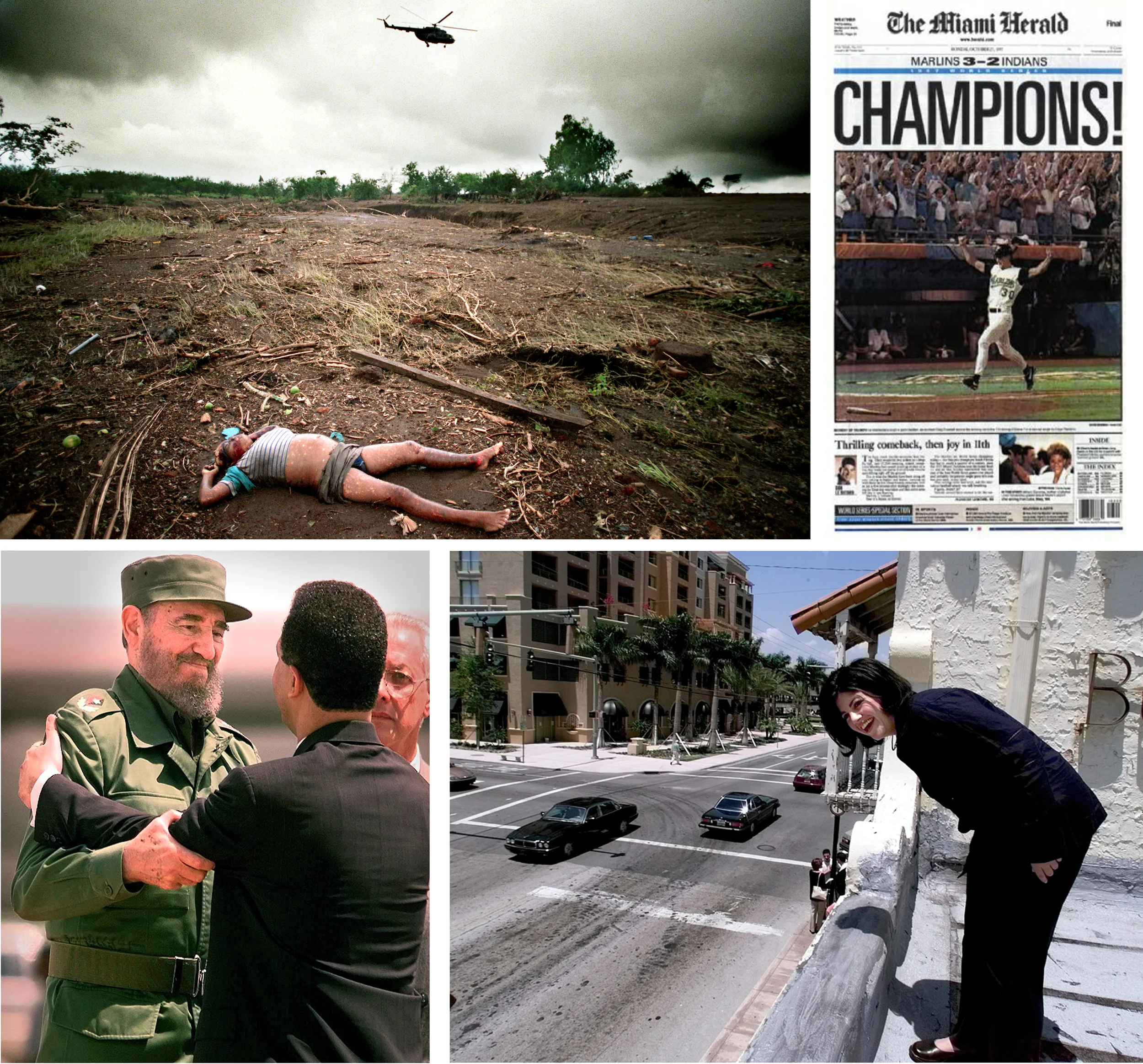 Clockwise from top left: Hurricane Mitch in Nicaragua 1998, Marlins win the World Series 1997, Monica Lewinsky 1999 & Fidel Castro 1998. © David Bergman/Miami Herald