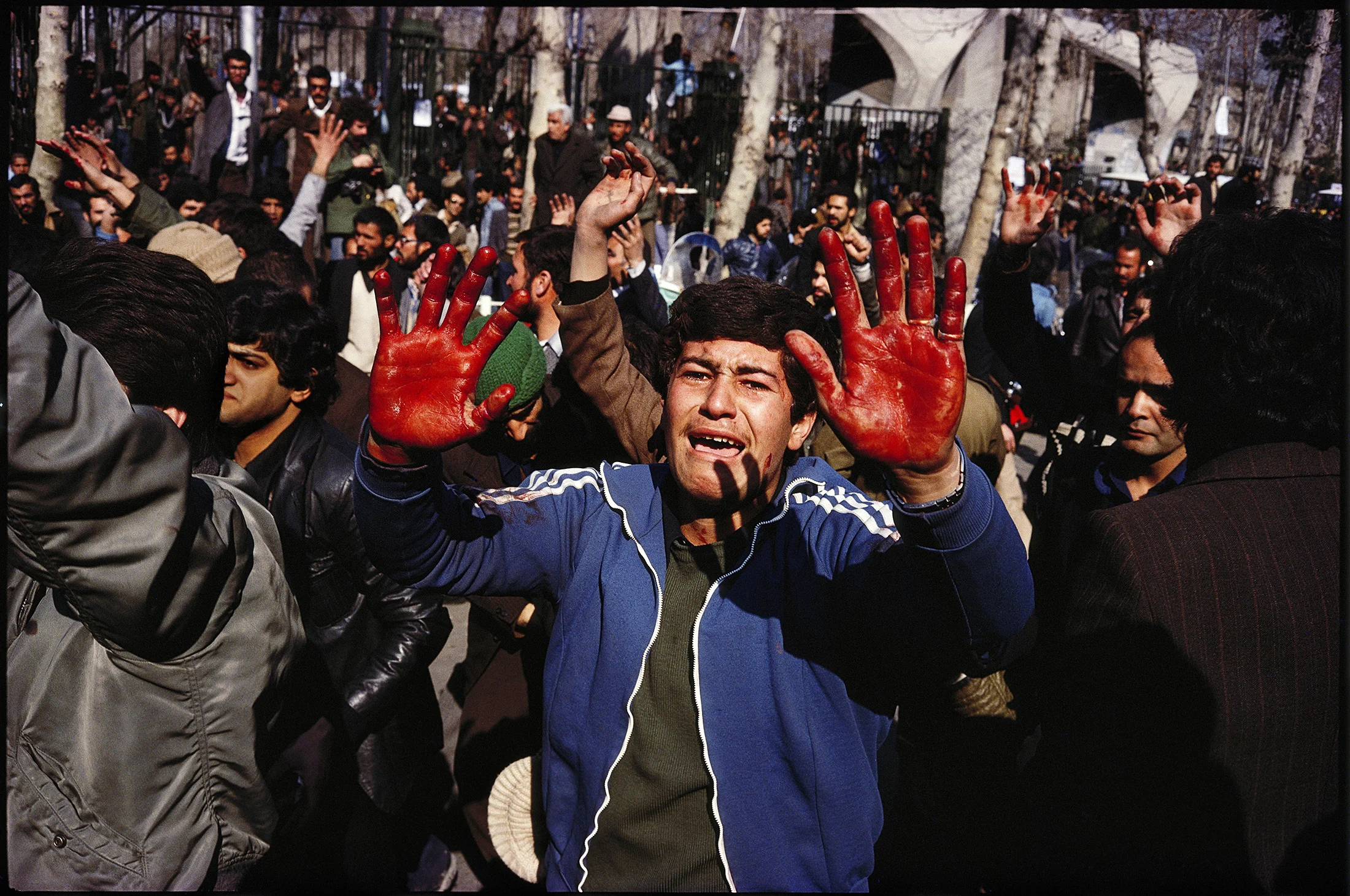 The blood of the latest “martyr” — near the University. Tehran, January 31, 1979. © 2015 David Burnett/Contact Press Images