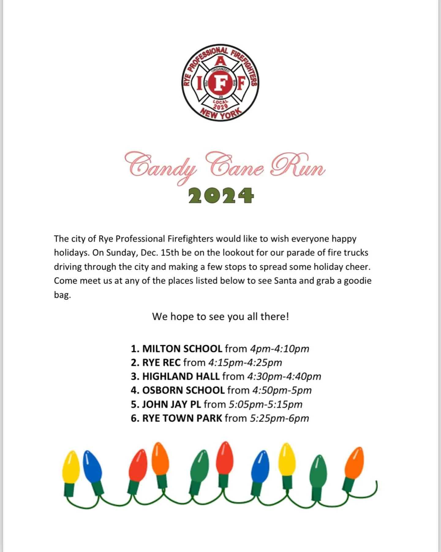 Mark your calendars, one month until @ryefirefighters annual Candy Cane Run! Join us at a location near you to see Santa Claus. #ryefd #ryeny #hecomessanta #2029