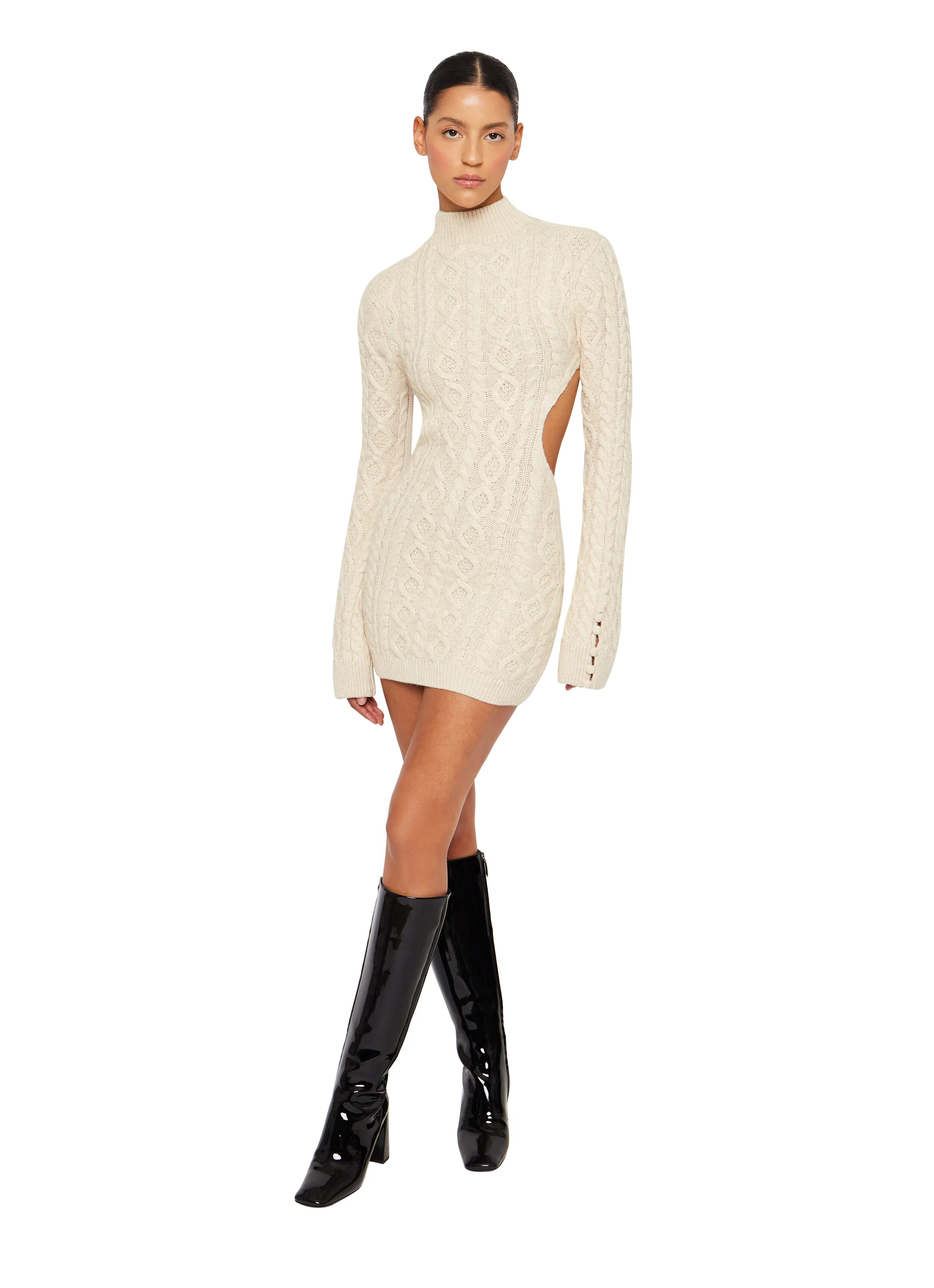 CABLE KNIT BACKLESS TURTLENECK DRESS — DANIELLE GUIZIO