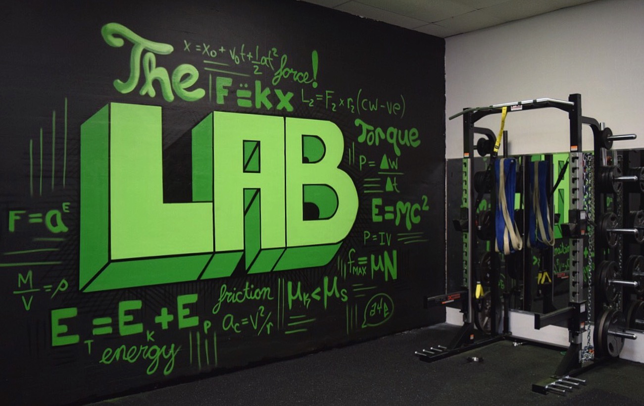 “The Lab” 15’ x 12’ spraye paint on concrete. Commissioned mural for Xplosive Sports Academy in Cherry Hill, NJ.