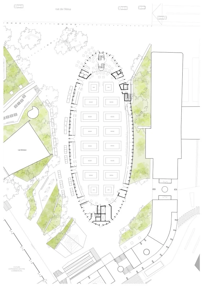 市场厅、公共停车场与步行道（Market hall, public car park and promenade）