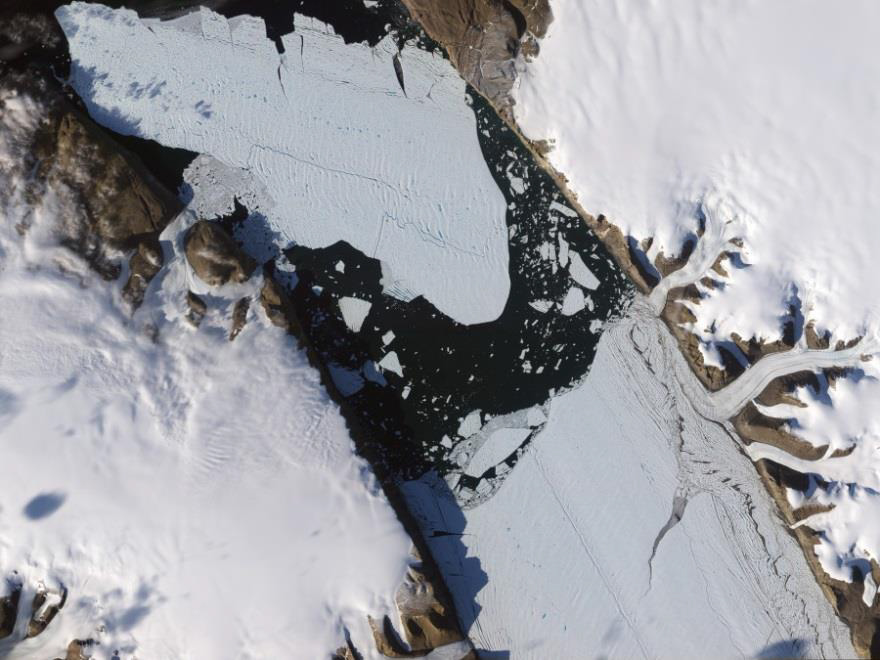 Photo by NASA of the 2010 calving event at Petermann Glacier.