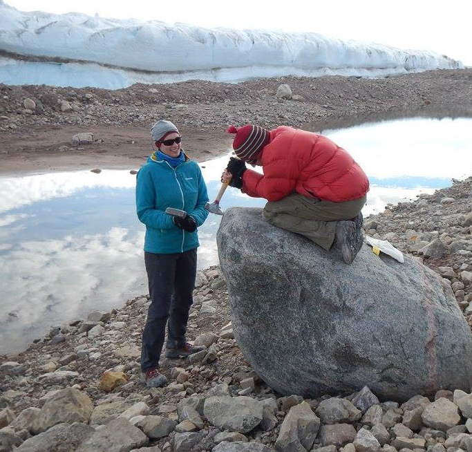 Boulder team sampling its wares. From “Boulder Sampling Alongside Petermann Glacier; camping logistics and lateral moraines,” article posted on Petermann’s Glacial History website by Elizabeth Ceperley and Melissa Reusche of University of Wisconsin, Madison.