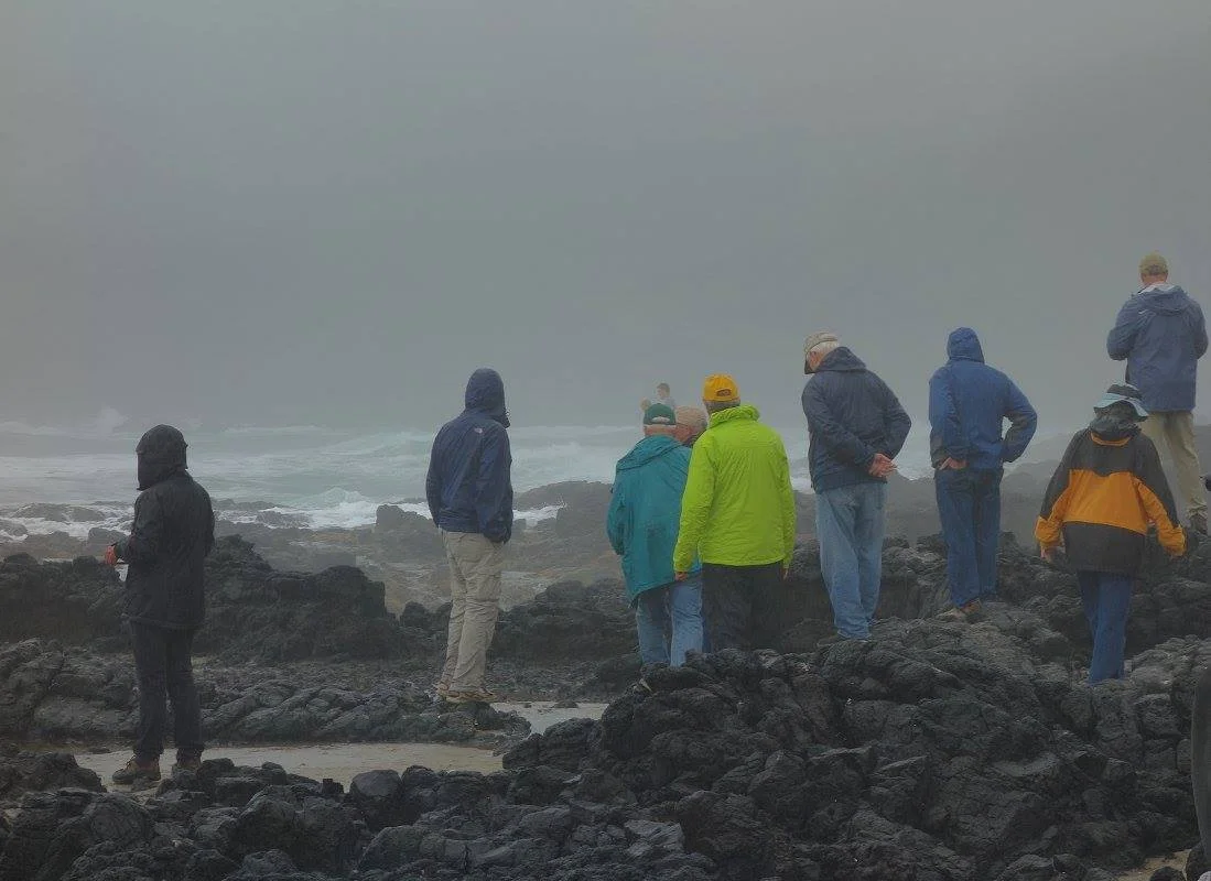 GSOC group watches the rising waves at Cape Perpetua, then decides to go back to the cars as a large wave washes over the platform of basalt.