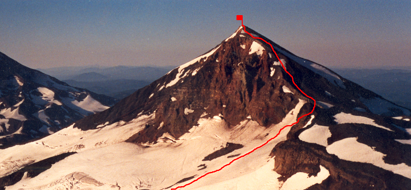 Middle Sister with climbing route marked.