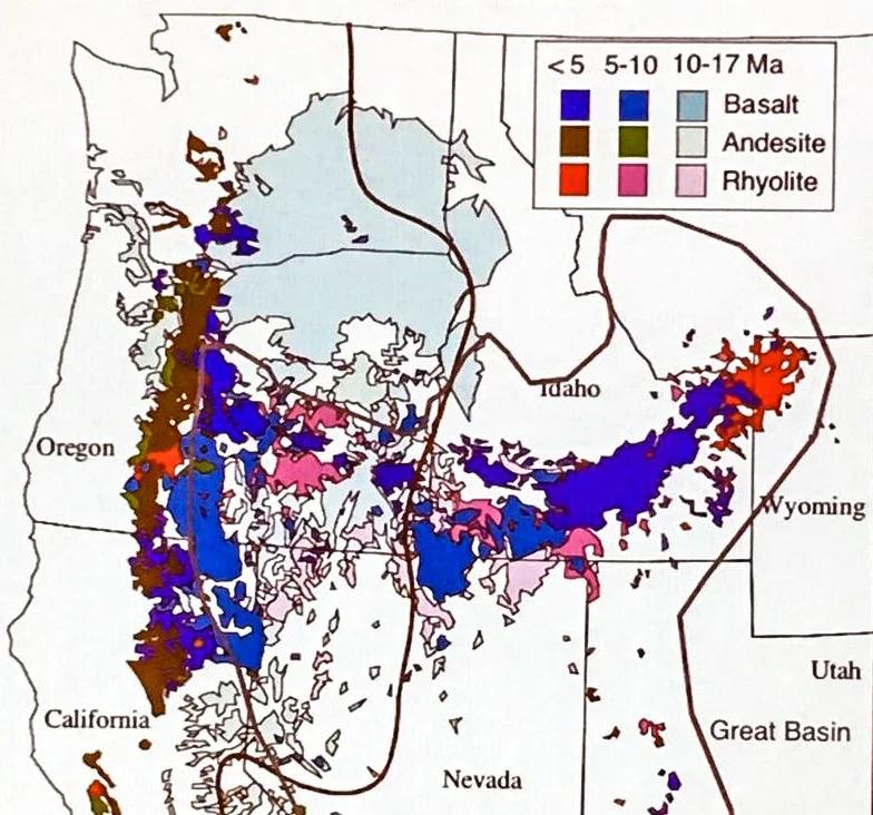 Volcanism illustration used in the lecture. Recent basalts are shown in a darker blue, and recent rhyolites in red. Older outcrops are faded in color. Miocene flood basalts are light blue. The browns are the andesite lavas mostly found in the Cascade Range.