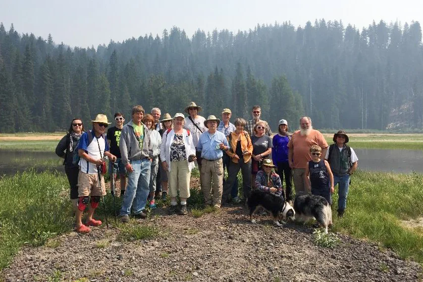 The best group picture of the weekend was taken at Lost Lake. Participants left to right are Jamie Meinecke, Taka Matsuda, Bailey Faber, Ken Severin, Dawn Juliano, Clay Kelleher, Cecily Cedilote, Barbara Fischer Smoody, Steve Haar, Charles Montross, Mark Anderson, Julia Lanning, Bill Stein, Susan Cole, Carol Hasenberg with her dogs Lucy and Trinity, Serena Skaates, Rik Smoody, Henry Rosales, Larry Jordan.