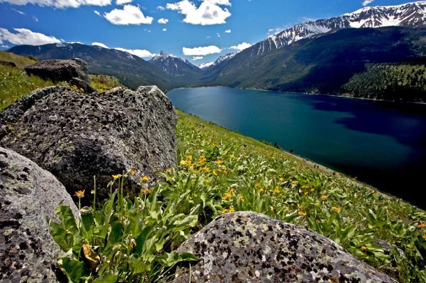 Glacial moraines and erratic boulders from the shores of Wallowa Lake. Photo by Ellen Morris Bishop.