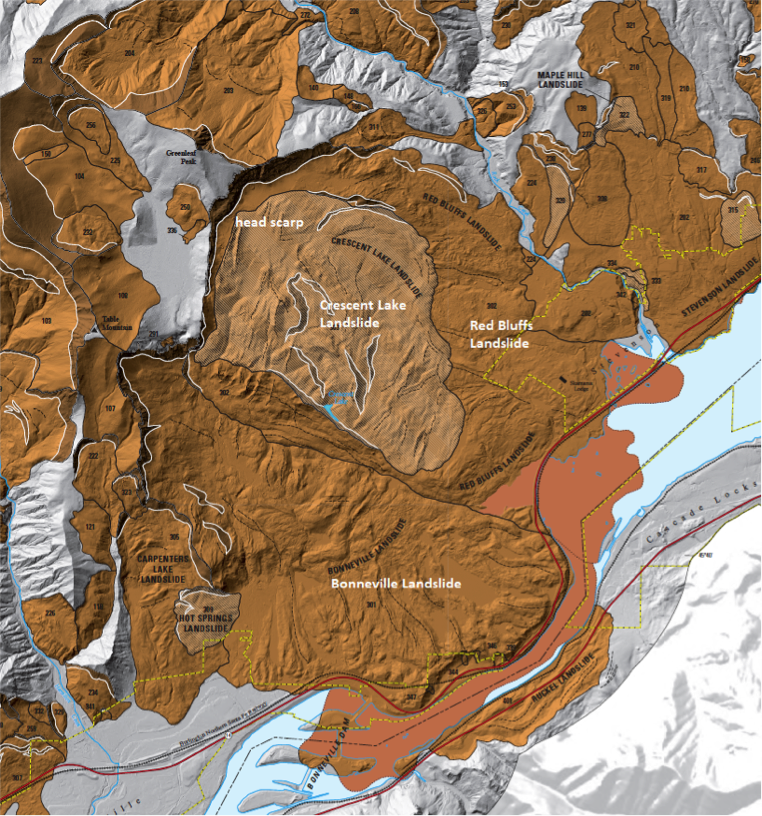 The landslides comprising the Cascade Landslide Complex. From the USGS publication “Landslides in the western Columbia Gorge, Skamania County, Washington,” SIM 3358.
