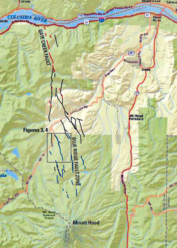 Location map of the north faults in the Mount Hood Fault Zone. Lidar-mapped fault features shown in color, black rectangles show locations of other figures in this paper, and heavy black lines are bedrock faults from recent geologic mapping by McClaughry and others (2012). Sources: ESRI, HERE, DeLorme, USGS, Intermap, INCREMENT P, NRCan, Esri Japan, METI, Esri China (Hong Kong), Esri Korea, Esri (Thailand), MapmyIndia, NGCC, © OpenStreetMap contributors, and the GIS User Community. Compilation from DOGAMI paper “The Mount Hood Fault Zone—Late Quaternary and Holocene Fault Features Newly Mapped with High Resolution Lidar Imagery,” by Ian P. Madin, Ashley R. Streig, William J. Burns, and Lina Ma.