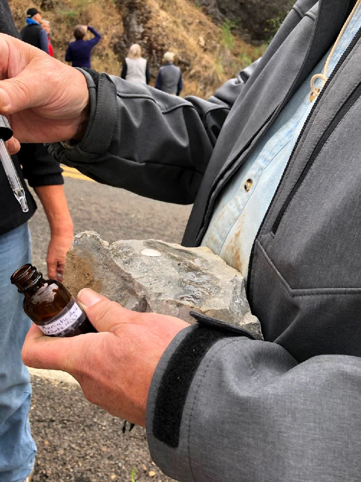 Clay Kelleher brought along his muriatic acid with which to test for limestone or other calcic rocks. Here it is doing its thing on the Martin Bridge marble.