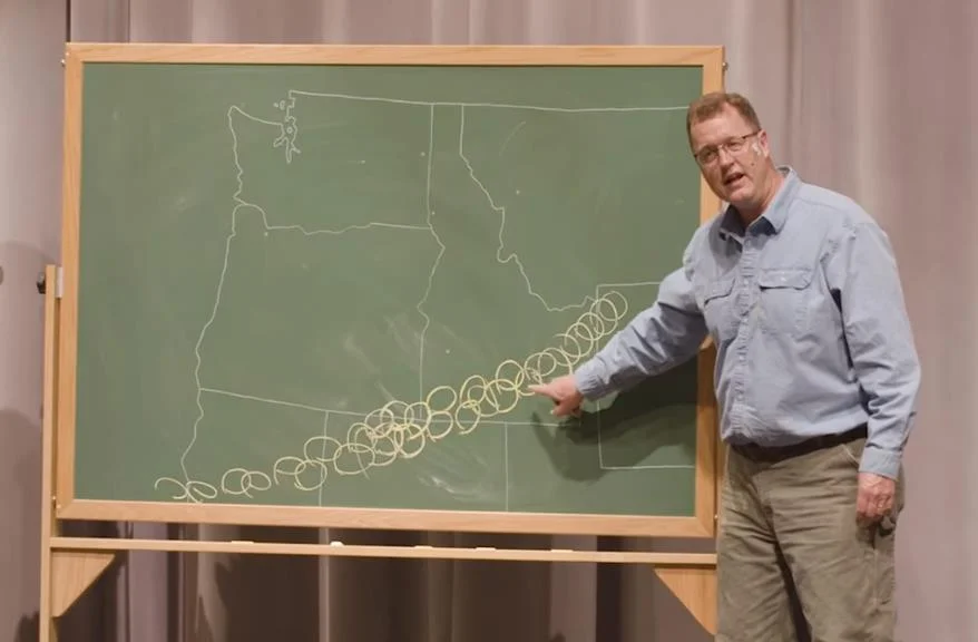 Zentner explaining just how many supervolcano eruptions have impacted the Pacific Northwest..