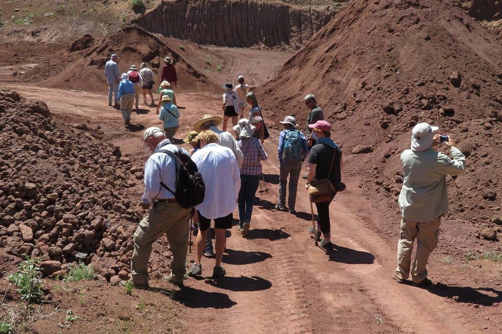  Entering the production pit of the mine in an outcrop of altered and weathered PGB basalt 