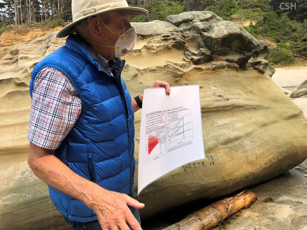  John is pointing out the cross bedding on this boulder which shows the influence of wave action on the strata in which it was formed. 