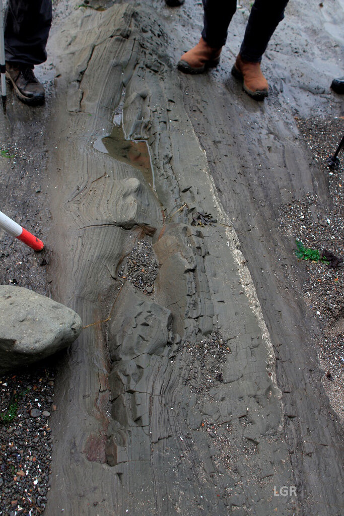  John points out the lineation of a dewatering point in the mudstone. 