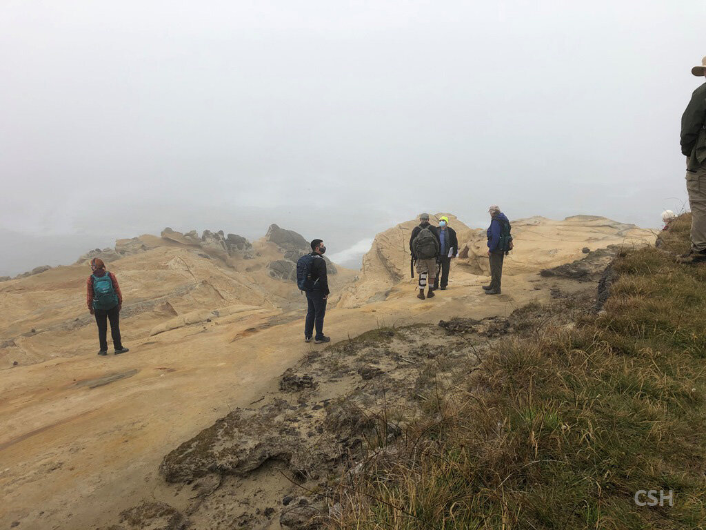  We assemble in the fog at the Ocean View Lookout on Day 3. 