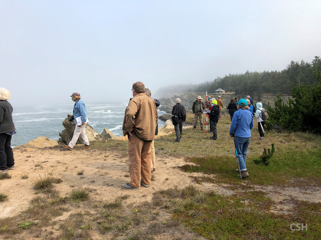  The group contemplates the stratigraphy and scenery as the fog disperses. 