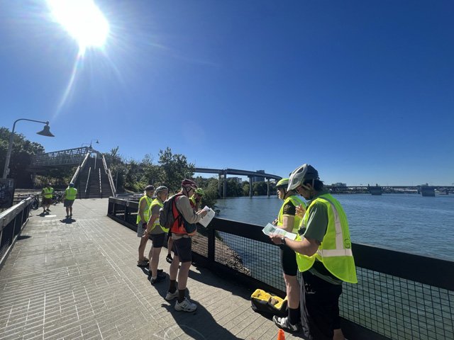  The GSOC bikers assemble on the Steel Bridge approach at Stop 1. 