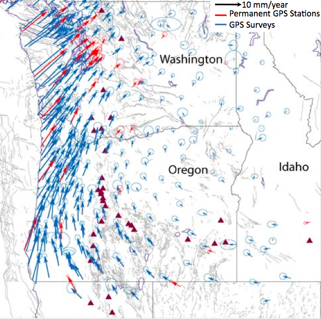  The clockwise rotation occurring in Oregon and Washington, as noted using precise GPS measurements over time 
