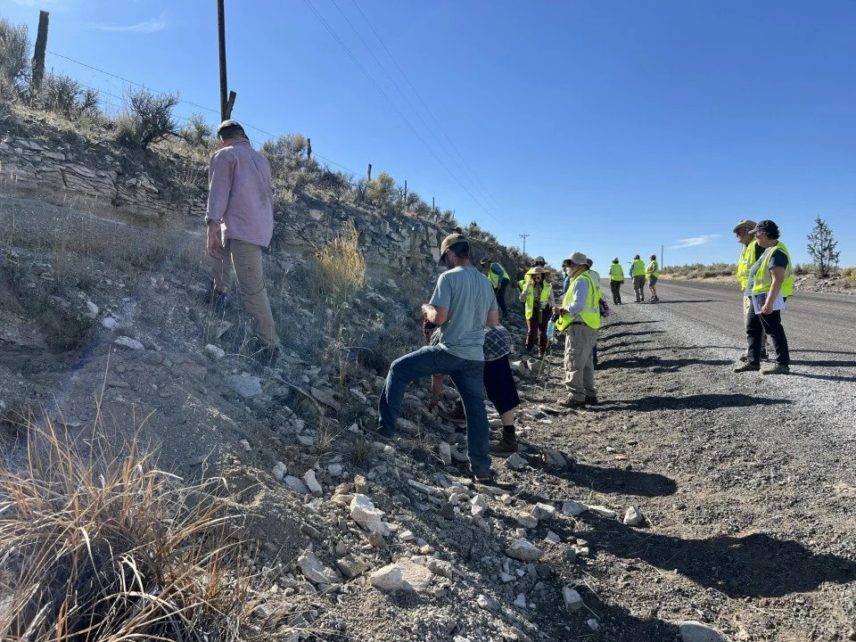  The outcrop at stop 6. We put cones at the top of the hill to warn approaching cars of our presence. 